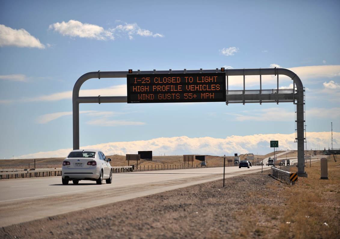 Warning sign reads: I-25 closed to light high profile vehicles - wind gusts 55+ MPH