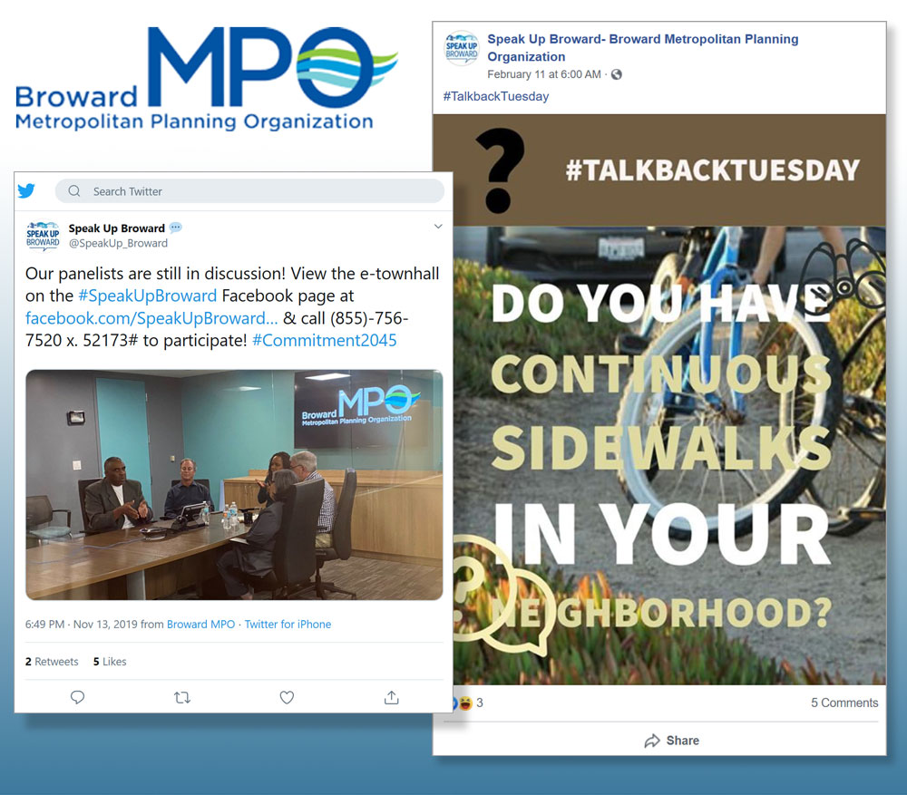 Screen shots of Broward MPO social media pages