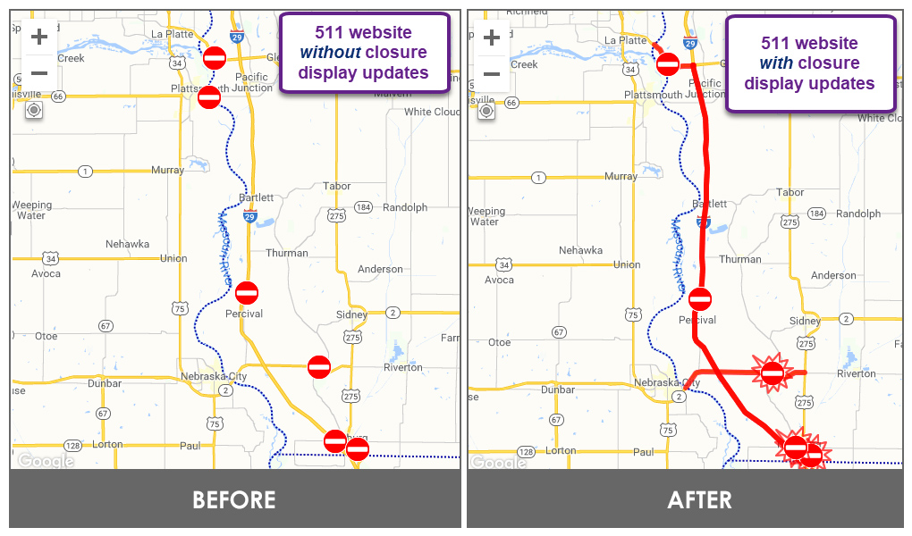 Side-by side images showing a before and after view of the 511 website’s road closure alerts. In the before view, there are “do not enter” symbols showing the roads closures are on, but there is no way to determine for how much of the road. In the after view, a thick, red, line is visible over the roads affected by the closures, showing the extent of the closures.