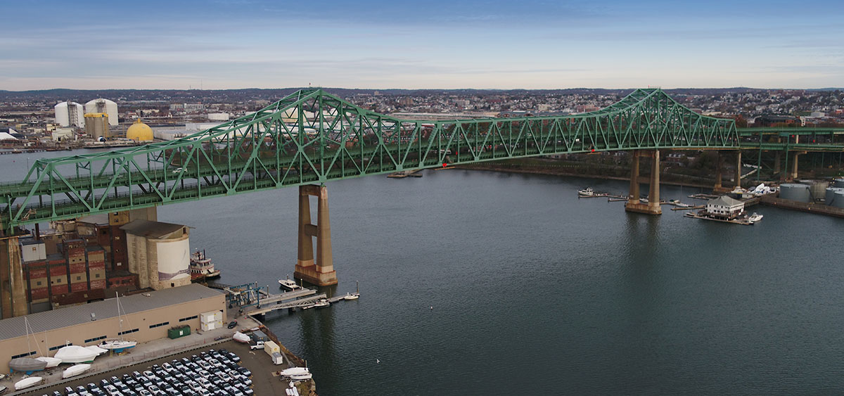 Wide shot of Tobin Bridge taken by MassDOT UAS.