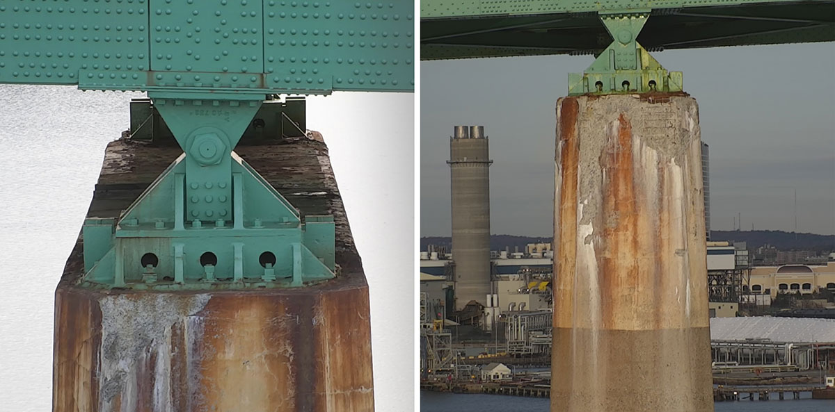 Left picture-Close up image of a truss bearing and pier cap on the Tobin Bridge. Right picture-Wide image of truss bearing and pier cap on the Tobin Bridge.
