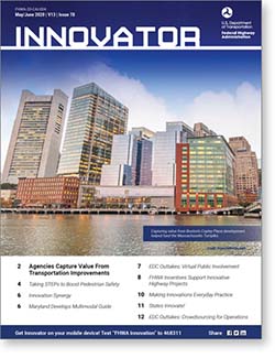 Picture of front cover of Innovator, Issue 78. Image includes buildings on a waterfront.