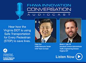 Graphic promoting FHWA Innovation Conversation Audiocast. Pictured are Peter Eun, STEP team co-lead, who hosts the episode, and Mark Cole, VDOT. Graphic states, “Hear how the Virginia DOT is using Safe Transportation for Every Pedestrian (STEP) to save lives.” Graphic includes a “play” graphic with words, “listen now,” next to it.