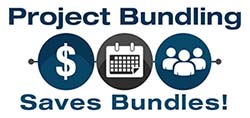 Logo for project bundling program. Image includes text, “Project Bundling Saves Bundles” and includes three circles, one with a dollar symbol, one with a calendar icon, and the third with an icon of several people.”