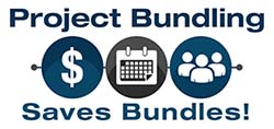 Logo for project bundling program. Image includes text, “Project Bundling Saves Bundles” and includes three circles, one with a dollar symbol, one with a calendar icon, and the third with an icon of several people.”