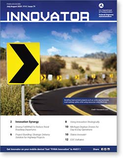 Picture of front cover of Innovator, Issue 79. Image includes warning signs to turn on a road curving.