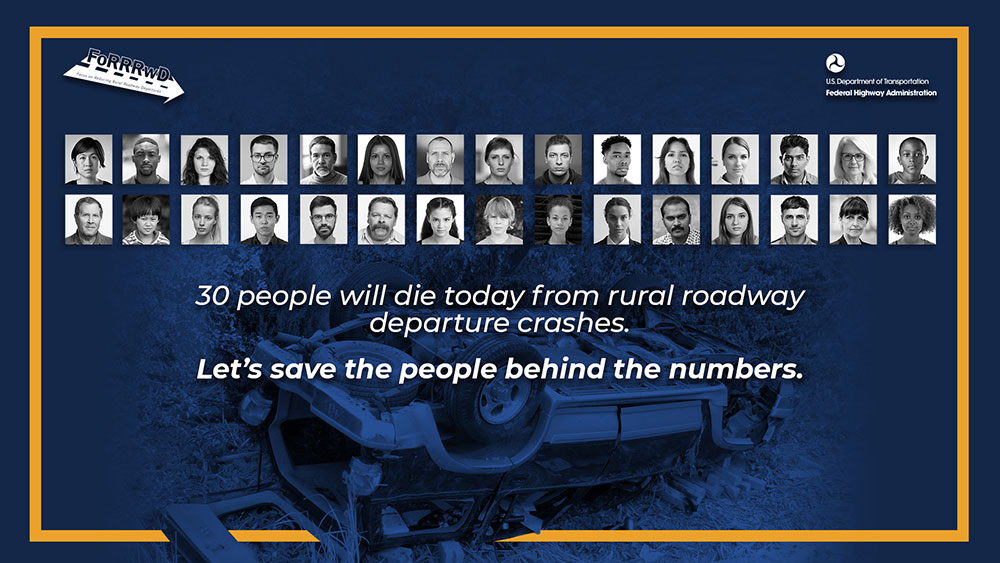 An image showing 30 faces. Text on image says, "30 people will die today from rural roadway departure crashes. Let's save the people behind the numbers."