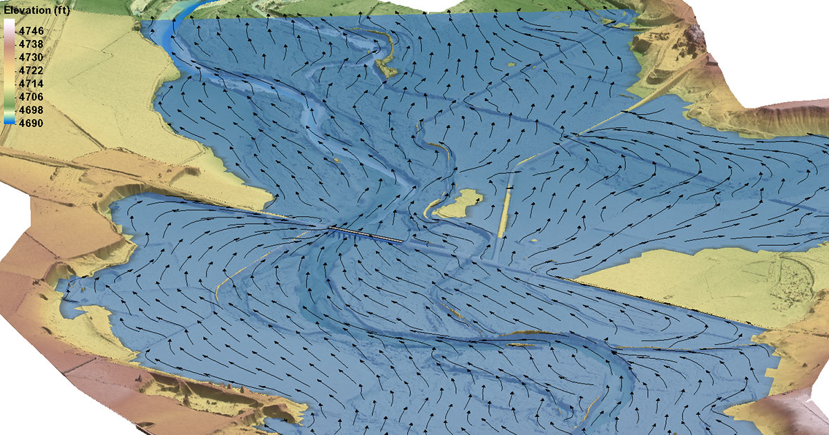 Graphic representation of a river roadway crossing. Flow direction is indicated by arrows and flood inundation limits by the color shading.