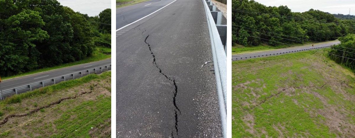 Collage of three photos, each showing cracks in the ground on the slope next to a roadway and on the roadway itself.