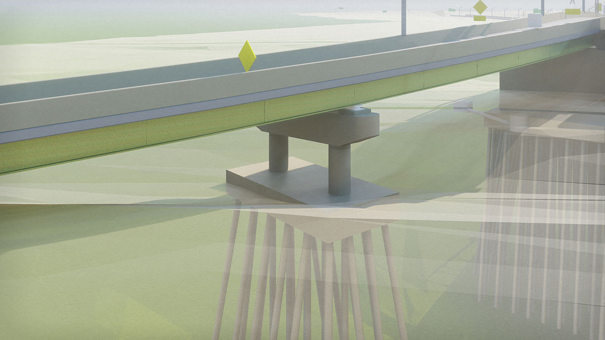 3D rendering of a bridge project that also shows drainage, piles, pile caps, and pier signage structures.