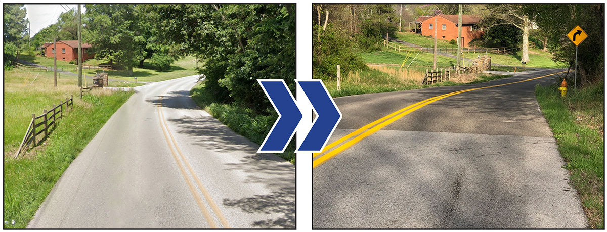 Side-by side images of left-to-right rural curve showing before and after of high-friction surface treatment installation.