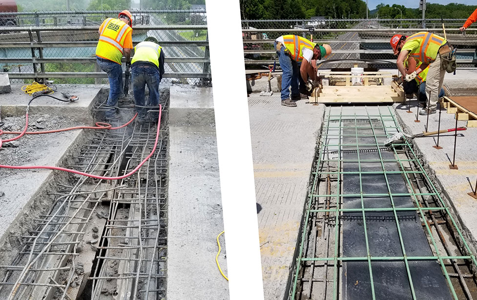 Composite image depicting installation of a UHPC link slap on a highway bridge deck. Left-hand image depicts removal of existing expansion joint and right-hand image depicts placement of UHPC into the link slab cavity.