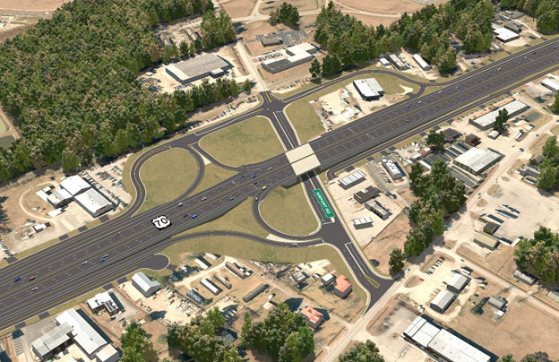 Aerial visualization depicting a design that eliminates the stop lights on US 70 in James City, NC, and replaces intersections on US 70 and local roads with above grade interchanges.