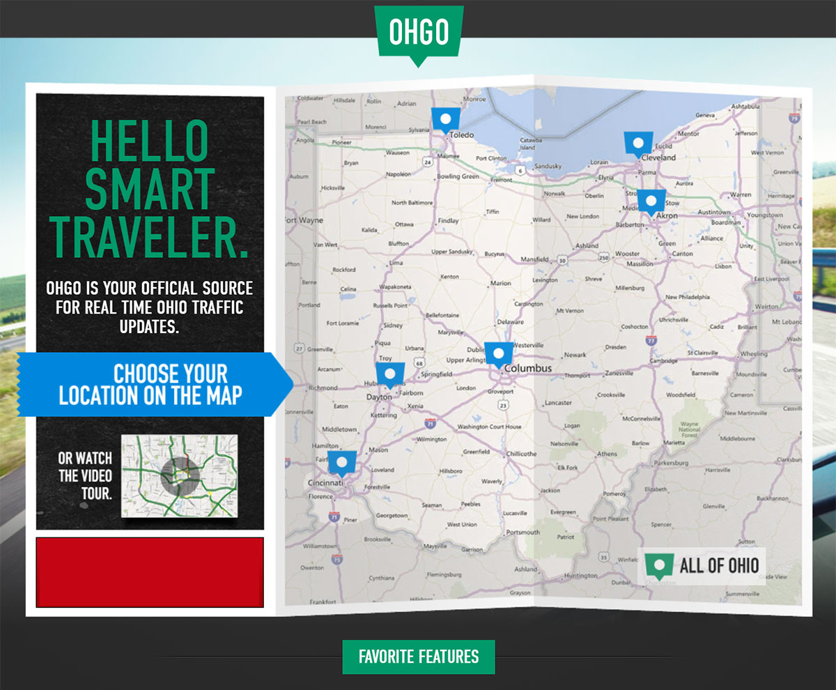 Screen capture of OHGO 511 website. At center is an interactive map where motorists can choose their location to see real-time traffic updates.