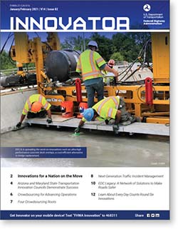 Innovator cover image- placement of UHPC on a bridge deck. A UHPC paver machine is shown with workers finishing the UHPC.