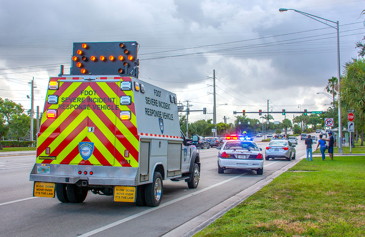 FDOT District Four Severe Incident Response vehicle with arrow sign on roof.