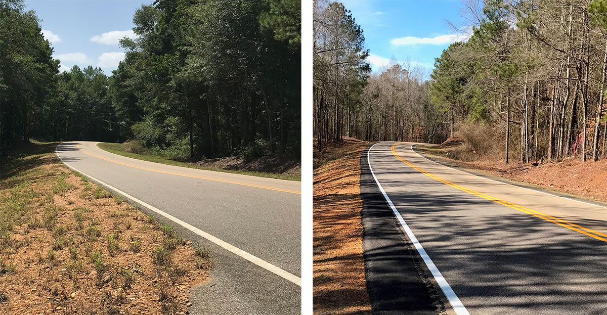 Side-by-side photos of a roadway curve, showing a widened shoulder and new striping.