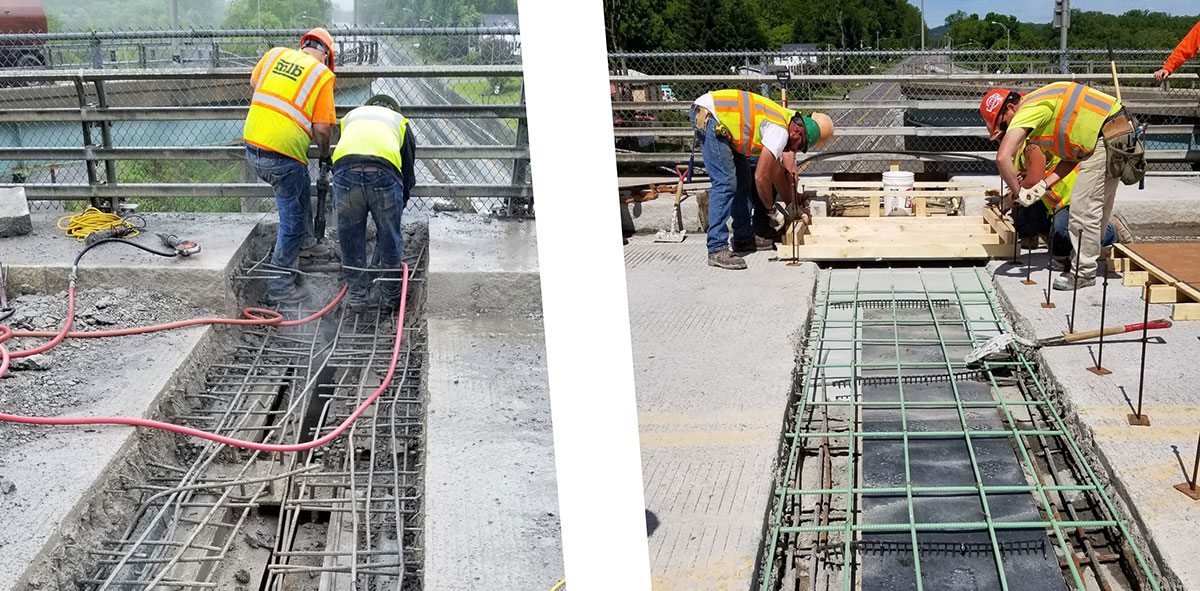 Composite image depicting installation of a UHPC link slap on a highway bridge deck. Left-hand image depicts removal of existing expansion joint and right-hand image depicts placement of UHPC into the link slab cavity.