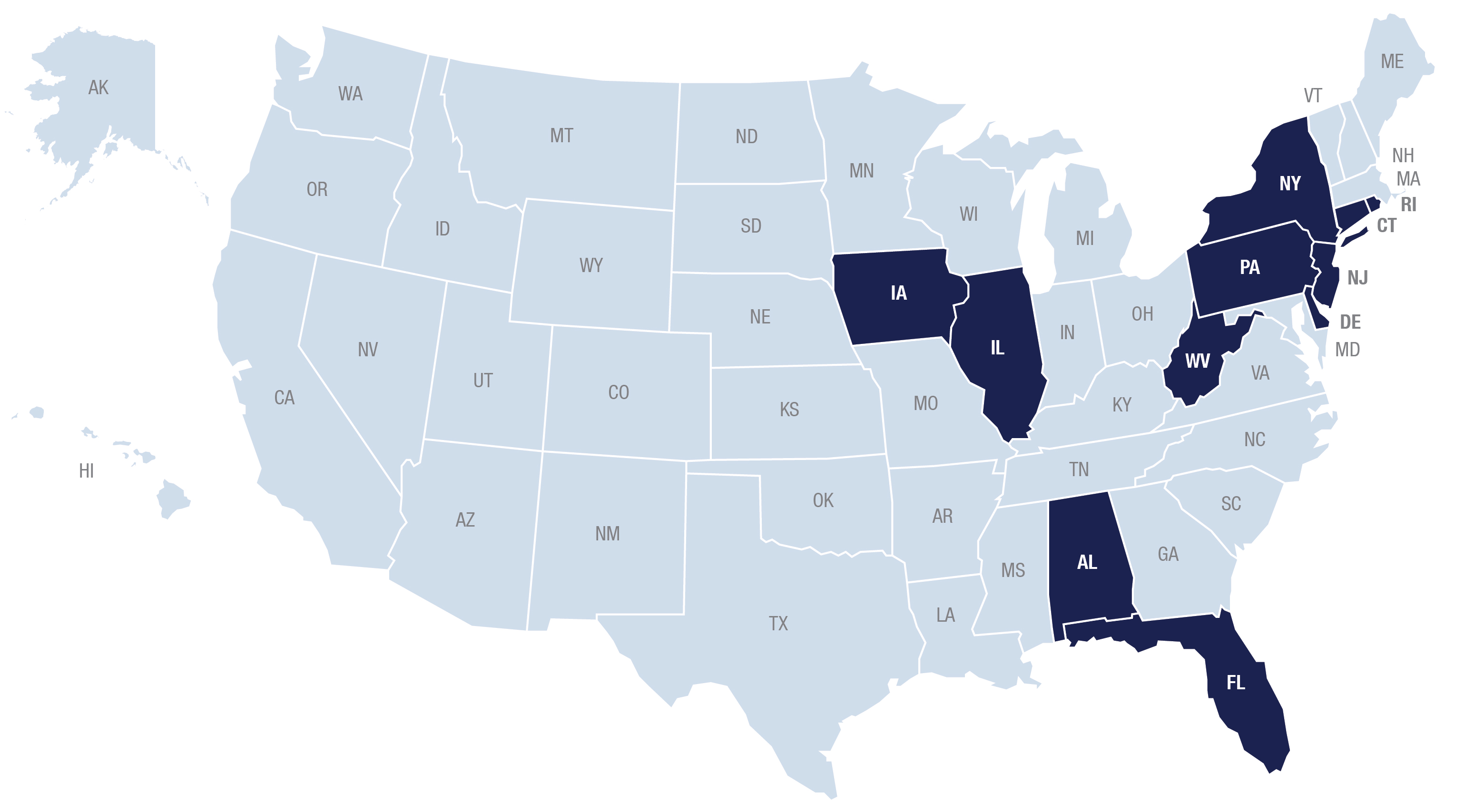 US Map. These 11 states have completed UHPC P&R projects: New York, Pennsylvania, West Virginia, New Jersey, Delaware, Rhode Island, Connecticut, Iowa, Illinois, Alabama, Florida.