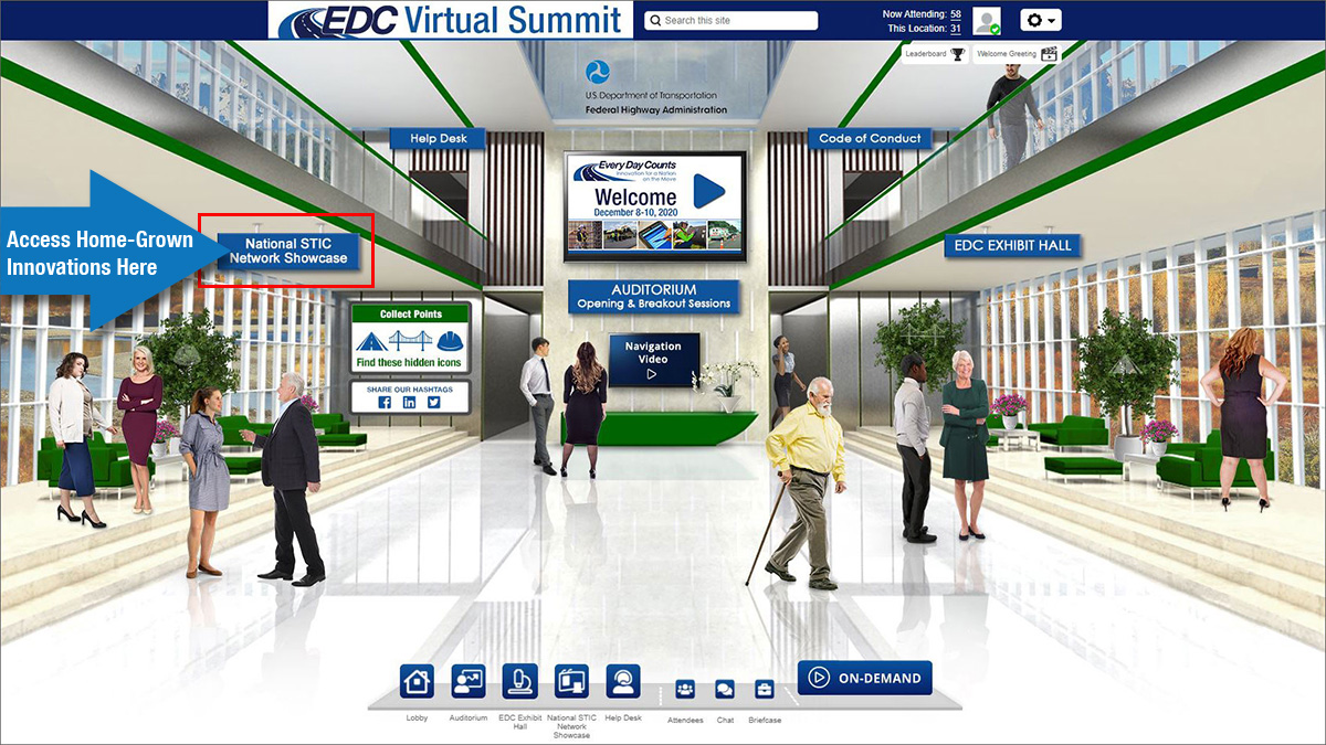 Screen capture of EDC Virtual Summit Lobby with graphical arrow pointing to the button that will access the National STIC Network Showcase. The arrow contains text stating, Access Home-Grown Innovations Here.
