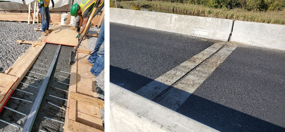 Split image. On left, a work crew placing UHPC around a header. On right, completed surface with field-cast UHPC header.