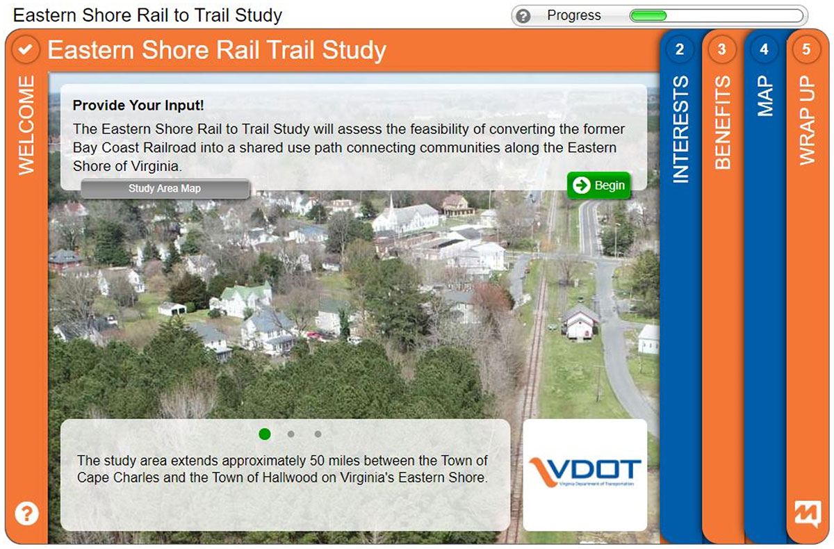 
screen capture of VDOT project study page with graphical interface including tabs for welcome, interests, benefits, map, and wrap up.