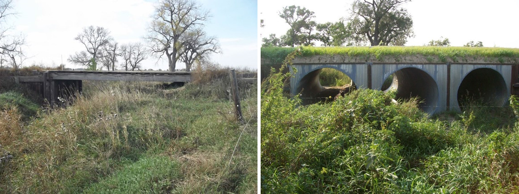 Side-by-side before and after pictures of a bridge and its replacement. At left, old bridge, and at right, new bridge.