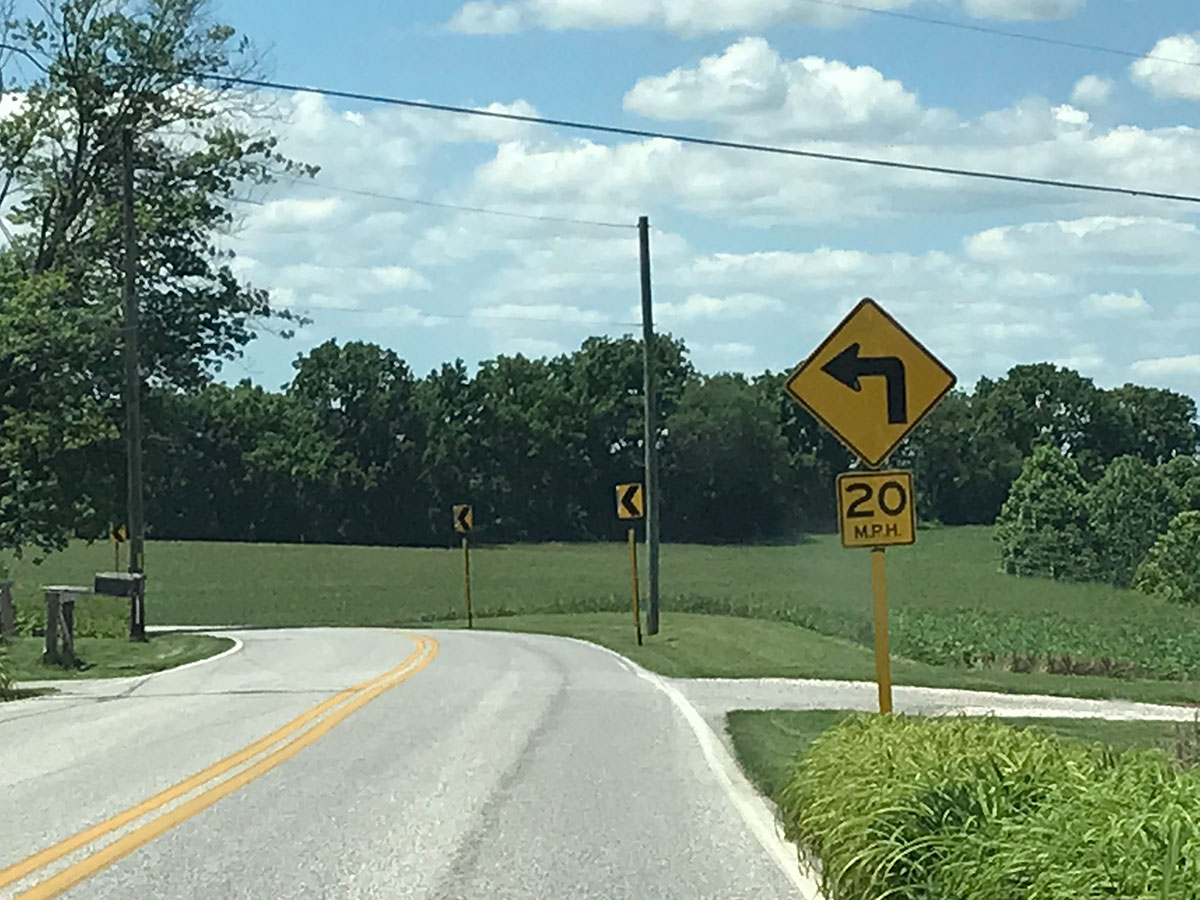 Turn and chevron signs on Fox Run Road in Dover Township.