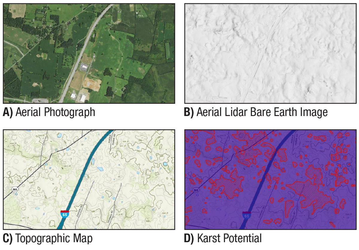 Mosaic of four images of a single area. At top left, an aerial photograph. At top right, an aerial LiDAR bare earth image. At bottom left, a topographic map. At bottom right, a Karst potential map.