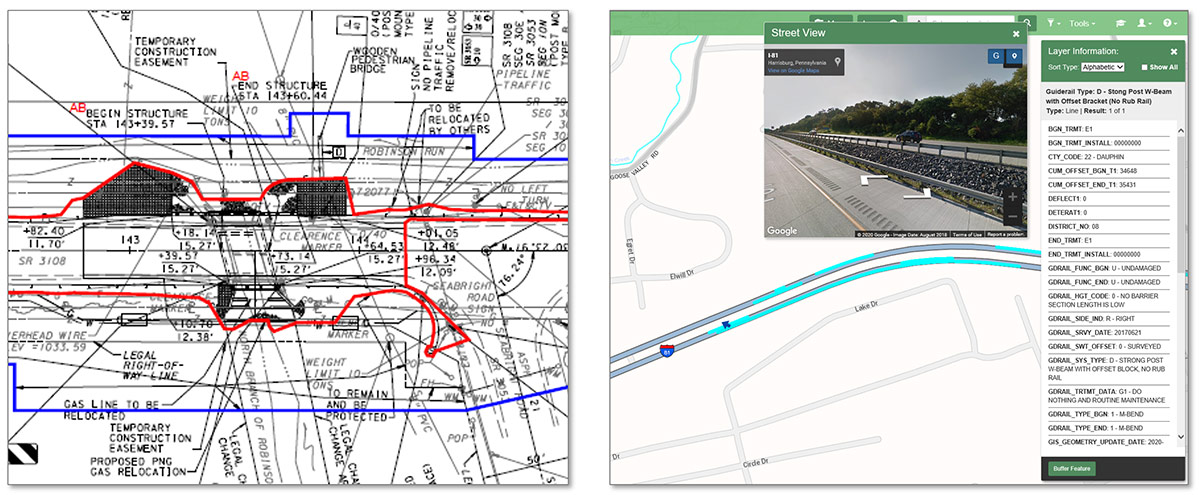 Side by side graphics. At left, traditional paper as-built drawing. At right, digital as-built in a computer interface.