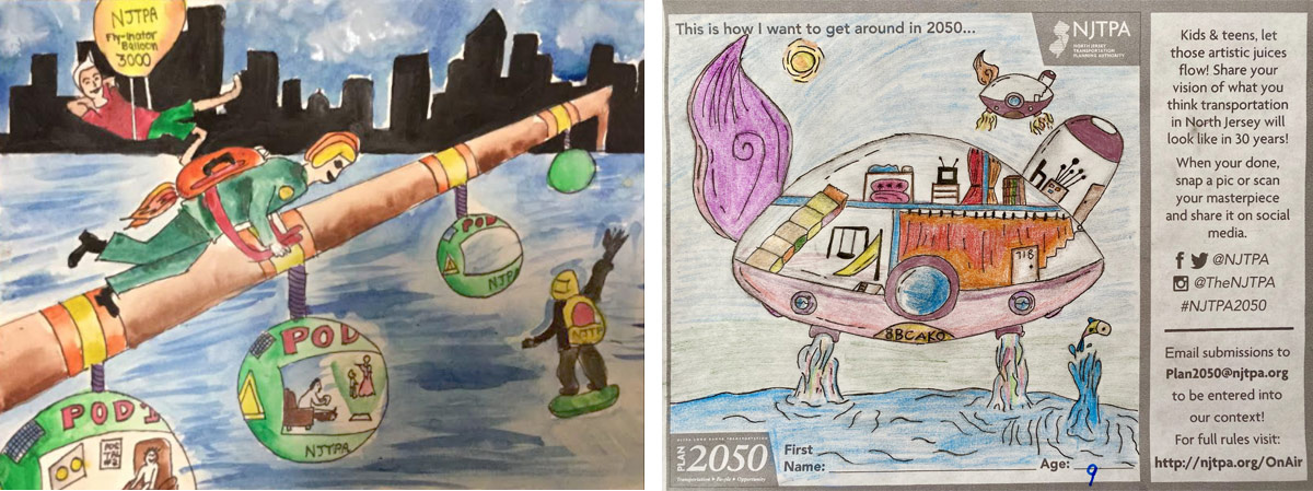 Left: Child's drawing of a pod-based public transportation system with other persons moving via jetpack, hoverboard, and balloon. Right: Child's drawing of a floating house with interior details shown.