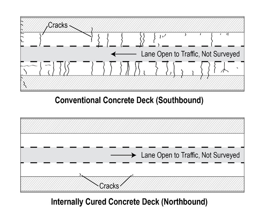 Illustration of two bridge decks to compare cracking patterns observed after 1 year of service life.