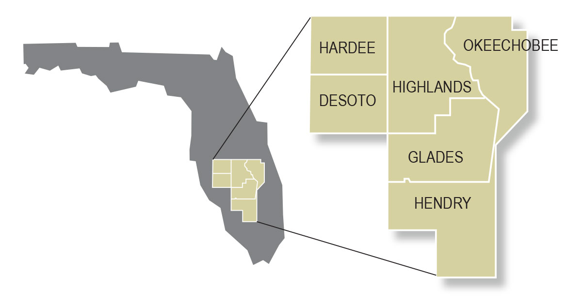 Illustration of the State of Florida, with a highlighted region that includes Hardee, Desoto, Highlands, Okeechobee, Glades, and Hendry counties.