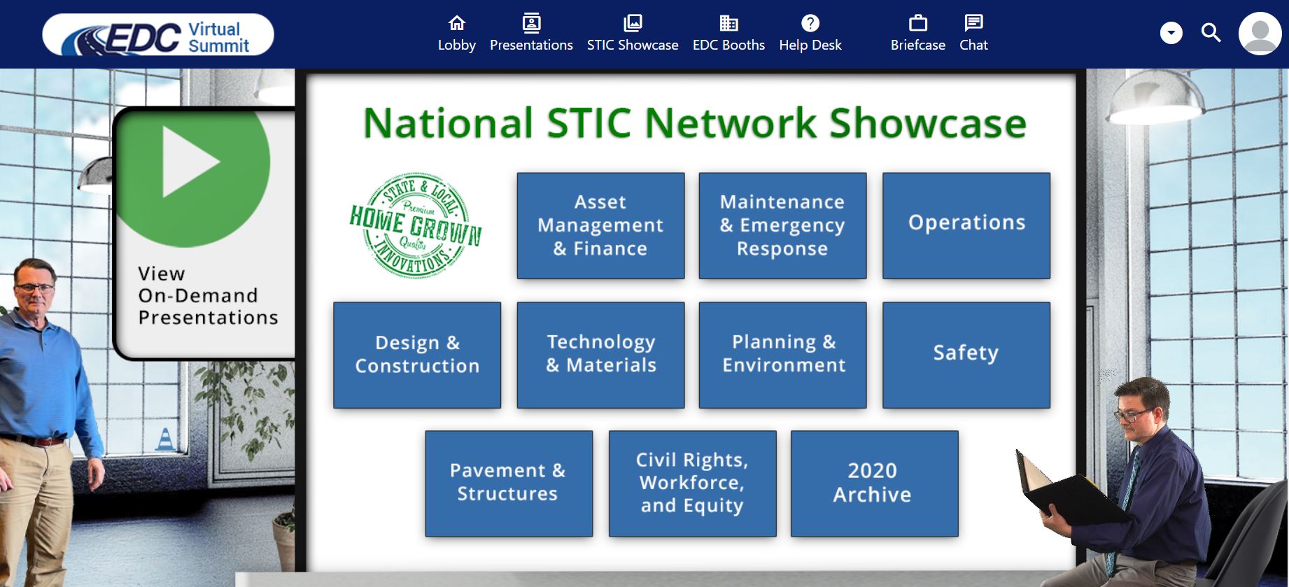 Screenshot of Presentation section of EDC Virtual Summit website. The screenshot depicts a screen with a clickable button that says, "View on-demand sessions" and "watch previews." In the audience, in front of the screen, various people are sitting around round tables, conversing with one another.