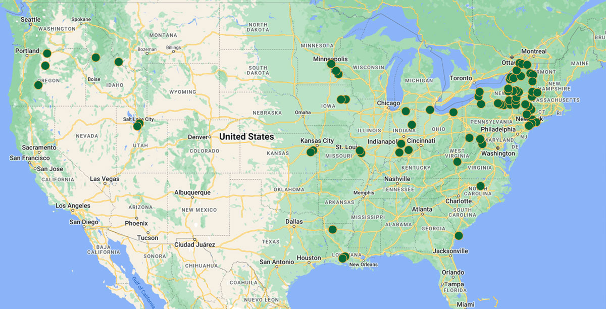 Map of the United States with marks indicating the presence of bridges that use ICC in their decks.