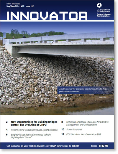 Innovator issue 102 cover. Primary image is a bridge built with ultra high performance concrete