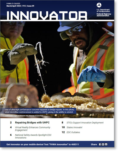 Screenshot of Innovator issue 89 cover, featuring two people wearing safety equipment, adding steel microfiber reinforcement to UHPC.