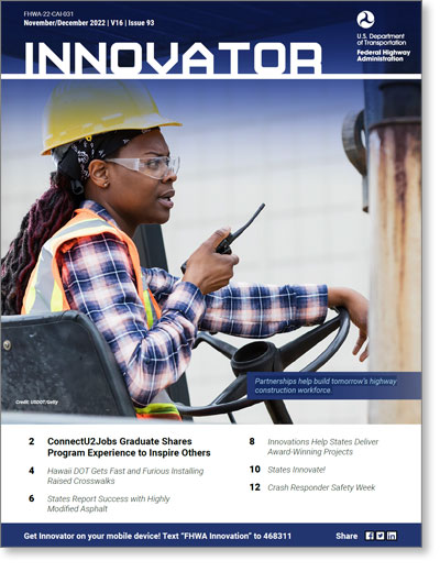 Innovator Issue 93 cover image. Female worker talking on Radio