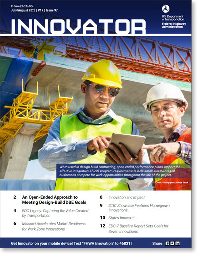 Innovator Issue 97 cover. Image depicts two highway construction workers discussing electronic plans.