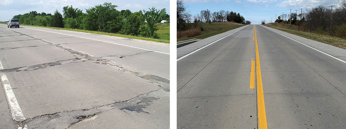 Two-lane roadway with extensive cracking and other damage. (left); Two lane roadway with minimal cracking. (right)