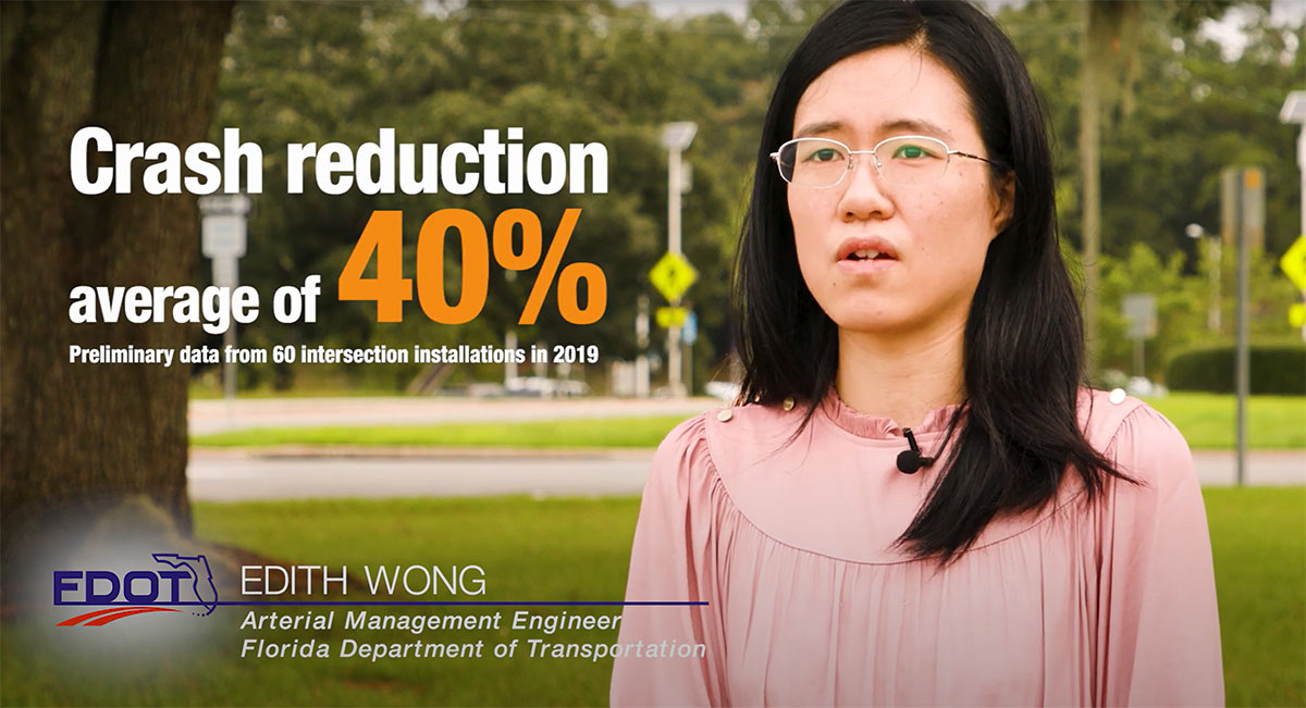 Screenshot from FDOT nighttime visibility video. Woman, identified as Edith Wong, at right. On-screen text reads 'Crash reduction average of 40 percent.'