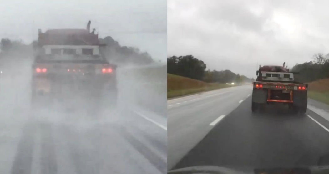Side by side pictures, at left a truck is in front of the vehicle the picture was shot from putting off splashes and spray that obscures view.