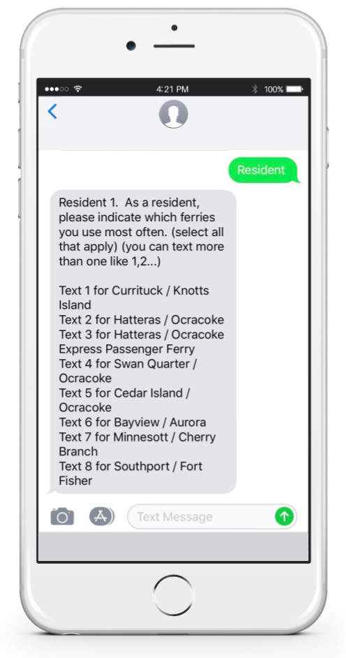 Mobile phone displaying text message sent by NCDOT to conduct survey of ferry passengers to find out which ferries are used most often.
