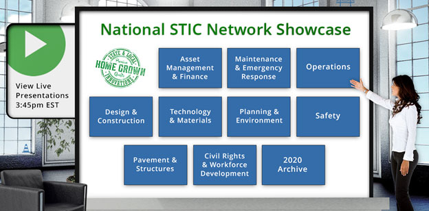Screenshot of STIC Network Showcase section of EDC Virtual Summit website.A large screen is at center with the text, National STIC Network Showcase with 10 categories of links which the innovations are broken up into. Another screen extends from the left of the central screen with a button labeled, View on-demand presentations.
 A man stands to the left of the screen and another man sits at the right corner of the screen.