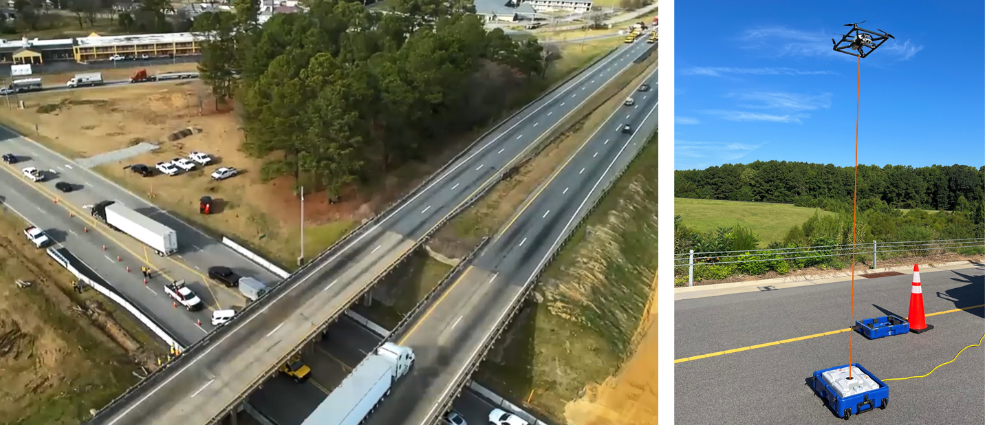 Side-by-side image. At left, aerial view of overpass with traffic on roadway under encountering a traffic incident. 