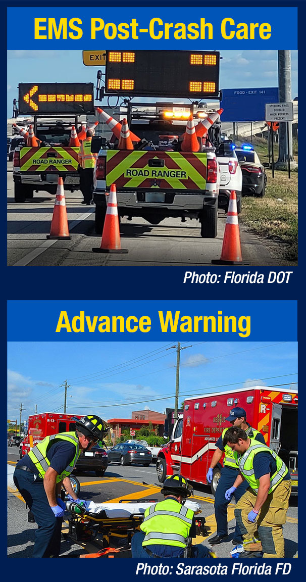 Top: Road ranger trucks on roadside "Advance Warning." Bottom: emergency responders tending a person laying on a roadway "EMS Post-Crash Care."