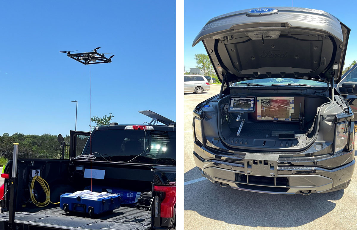 Left: Drone hovering above bed of truck, connected by a tether to a dock sitting in the truck bed. Right: Front trunk of electric pickup truck standing open with monitoring equipment located inside for tethered drone.