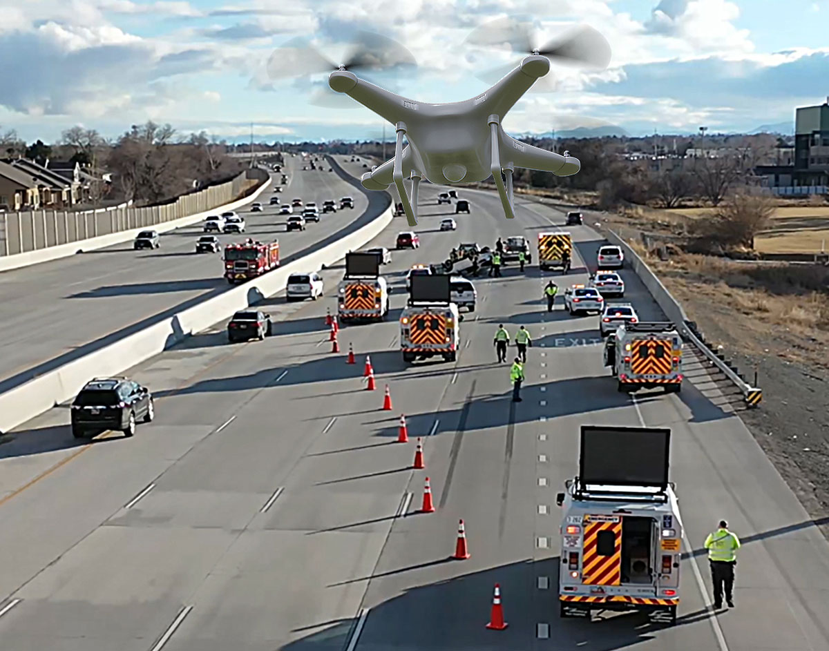 Emergency crash site with UAS photographing, mapping, and measuring incident scene.