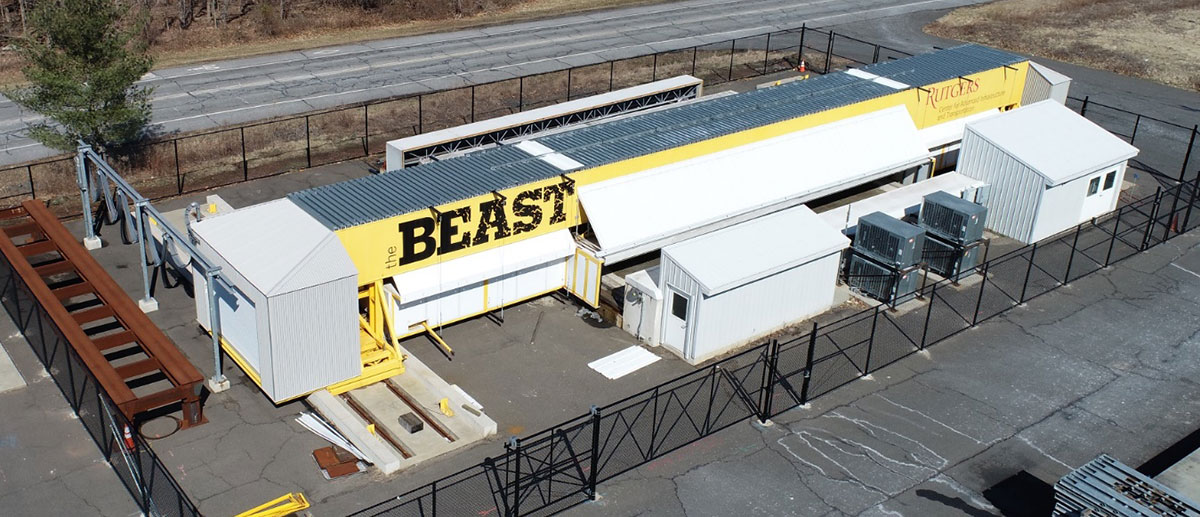 Aerial photo of building with BEAST logo.