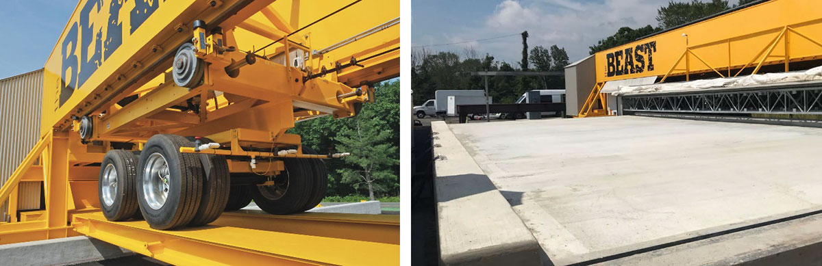 8-wheeled machine designed to simulate rolling loads of large trucks. (left); section of a bridge deck sitting next to BEAST equipment (right)